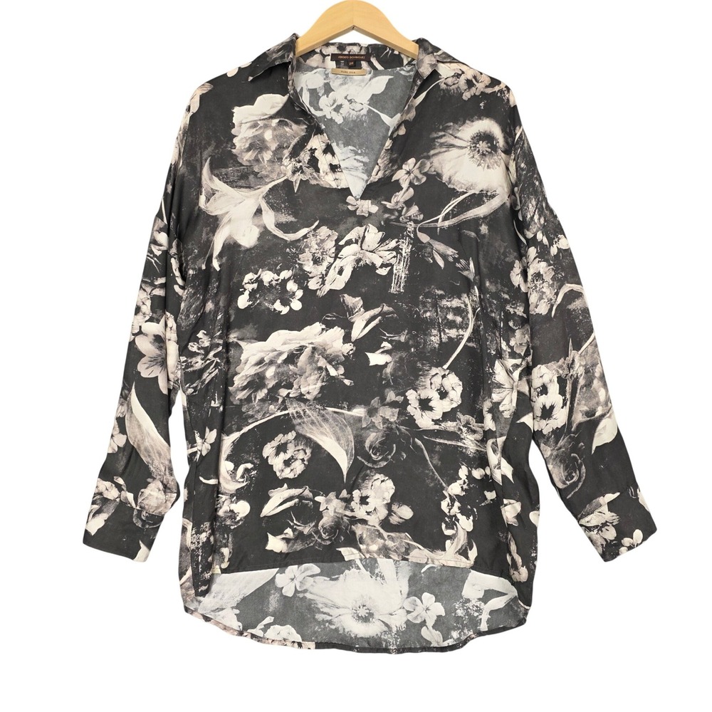 Adolfo Dominguez Silk Blouse Women‎ 38 Black White Floral V-Neck Long Sleeve Top